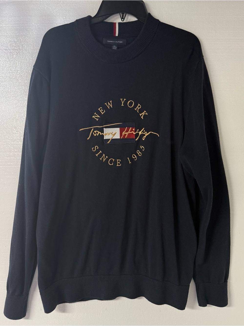 Tommy Hilfiger Sweater Men XXL Blue Crewneck with Gold Script & Flag Logo Knit